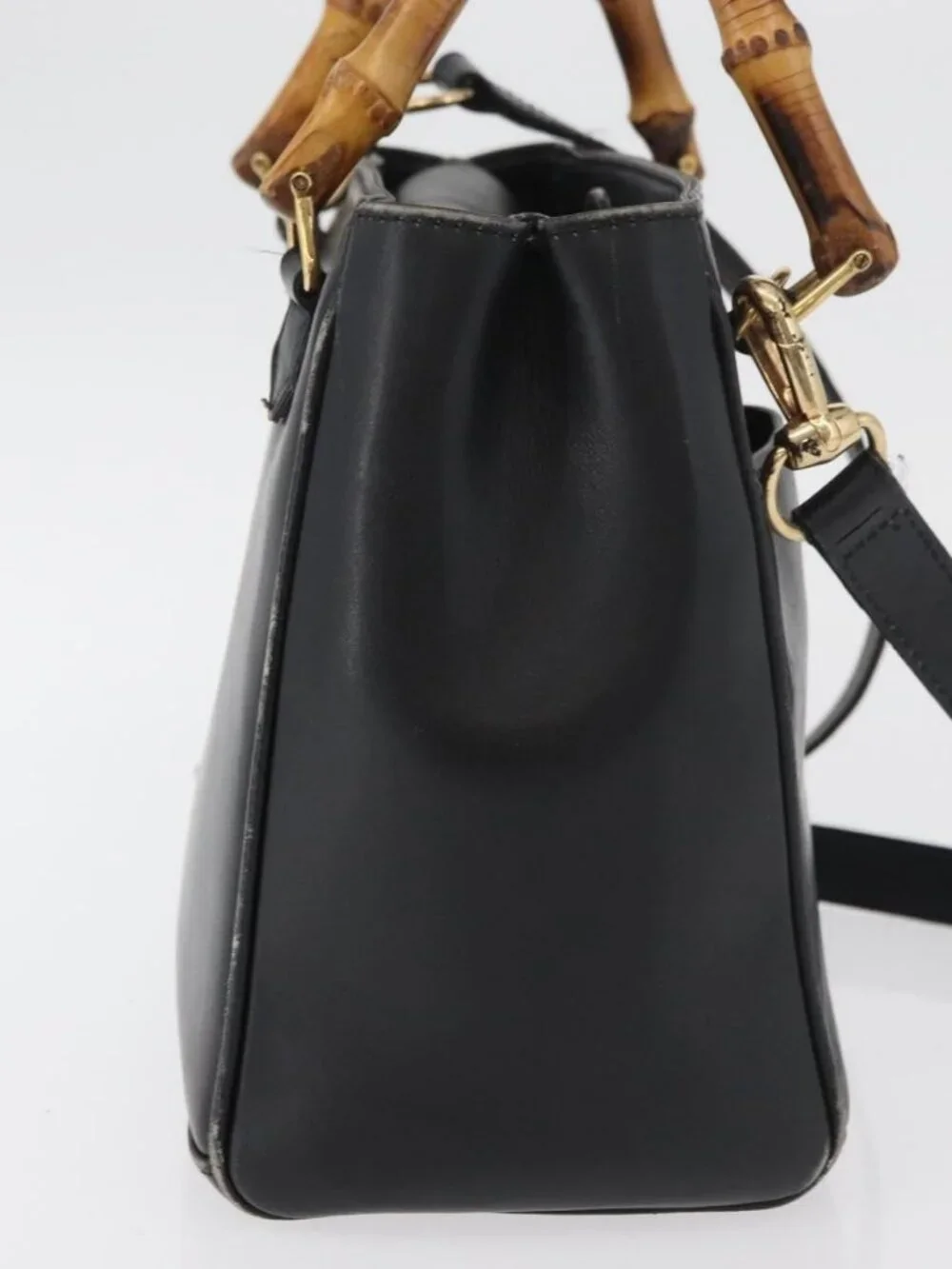 GUCCI Bamboo Hand Bag Leather 2way Black Gold 001 123 1638 Auth 175334